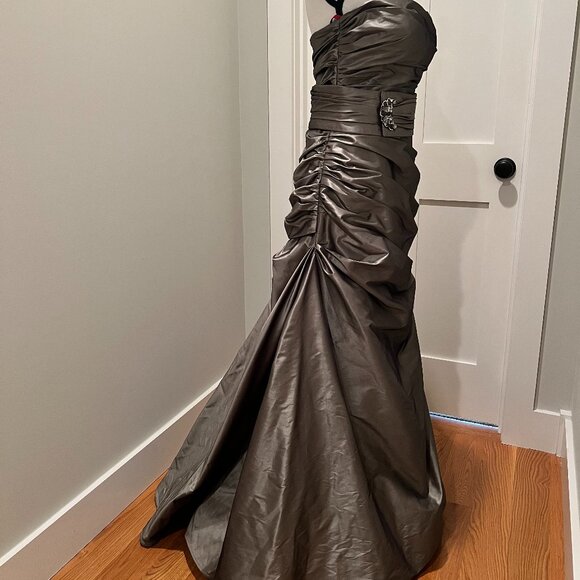 Metallic Silver Taffeta Formal Gown - Strapless, Crystal Detail, Size 10 - Picture 8 of 13